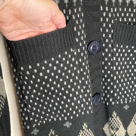 𝅺5/48 by Saks Long Fair Isle Duster Grandpa Cardigan Size S Black Gray - Picture 6 of 8